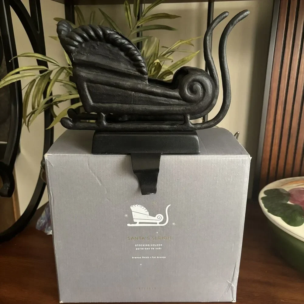 Pottery Barn Christmas Santa’s Sleigh Bronze Finish Stocking Holder NIB